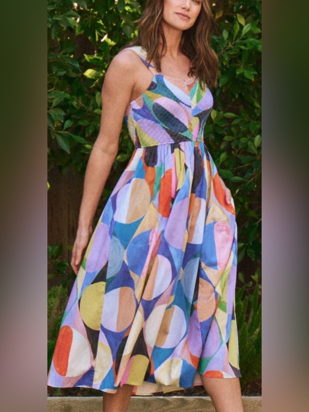 NEW NIC+ZOE Social Circles Sarah Dress Small Multicolor Geometric Smocked Midi
